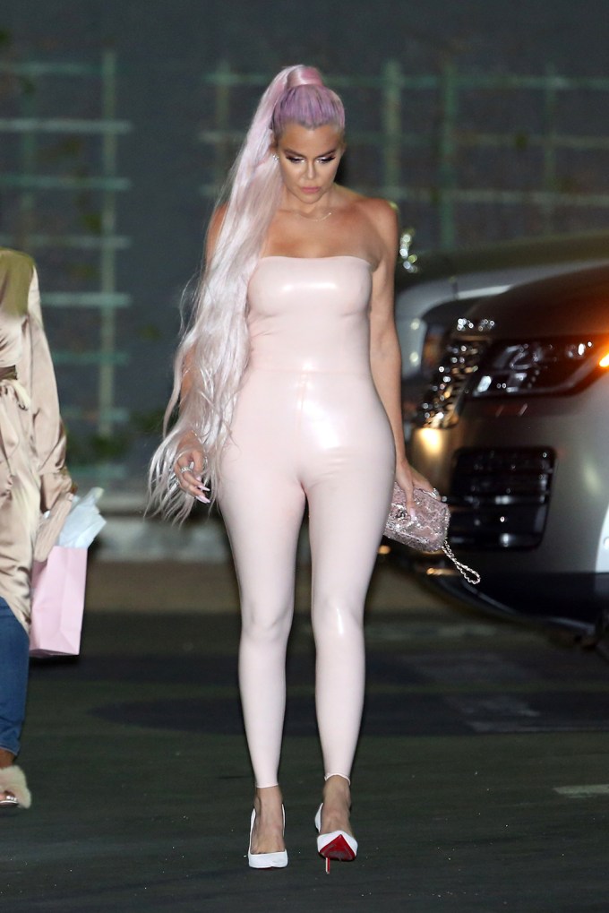 Khloé Kardashian In A Strapless Latex Jumpsuit